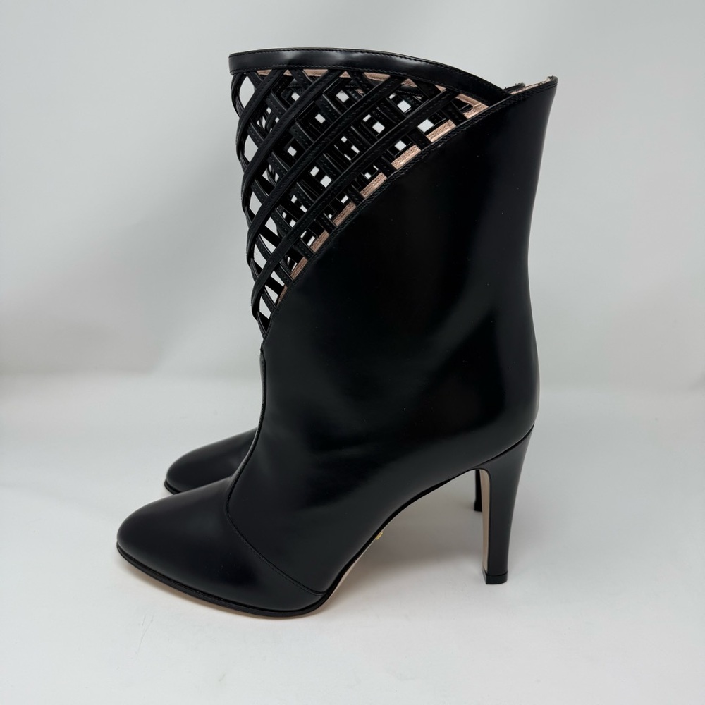 NEW‎ Gucci Plume Calfskin Damir Cutout Lattice Leather Ankle Booties Black 39.5